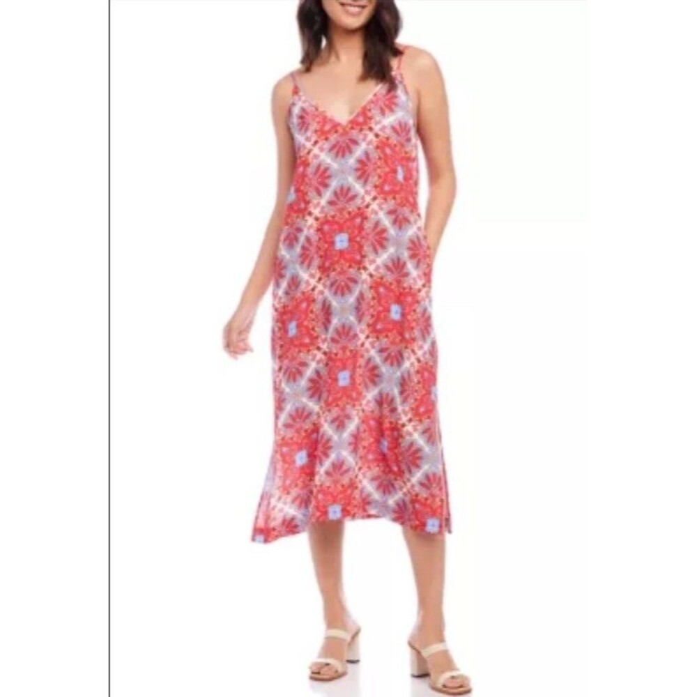 Karen Kane Medallian Tangerine Sleeveless Midi Dress Side Pockets Slit sz S
